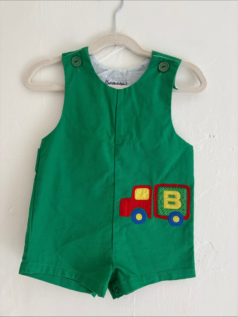 Vintage Green Kids One-Piece with Colorful Truck Appliqué